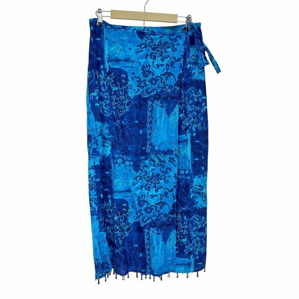 Wet Seal y2K Vintage Hawaiian Wrap Maxi Skirt Blue floral Sarong Tie Beaded Hem
